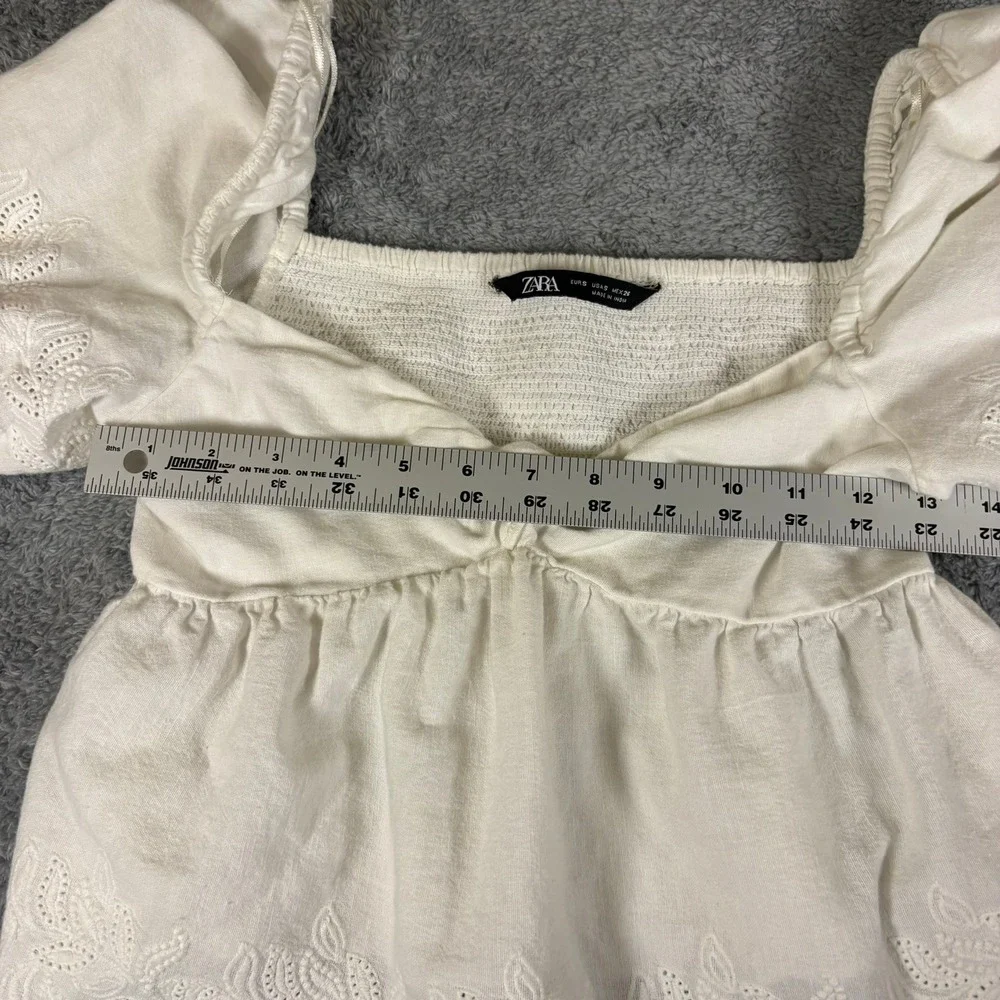 Zara White Eyelet Embroidered Linen Blend Puff Sleeve Crop Top Small